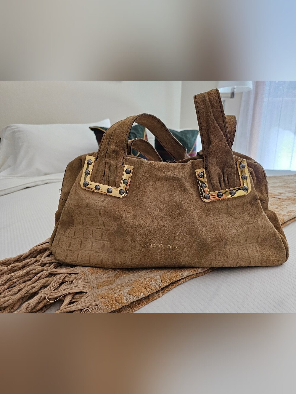 Cromia Designer Large Tote Bag Made In Italy Suede Tan